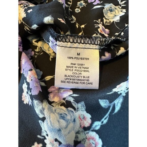 Pink Republic Blouse Size M Floral Top Black Dusty Blue 3/4 Roll Tab Sleeve - Picture 9 of 12